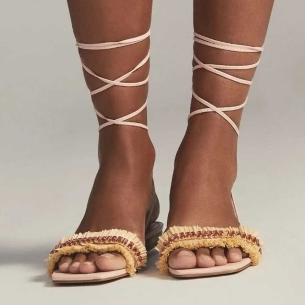 Anthropologie Embellished Tie Up Pink/Rose Raffia Square Toe Sandals Sz 39 US8.5